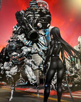 1girl ass backboob black_bodysuit black_hair bodysuit breasts building car commentary_request english_text full_body gantz gun highres holding holding_gun holding_weapon large_breasts latex latex_bodysuit lips long_hair looking_at_viewer motor_vehicle multiple_others oku_hiroya original outdoors red_sky shimohira_reika simple_background skin_tight sky solo standing sword thick_eyebrows weapon