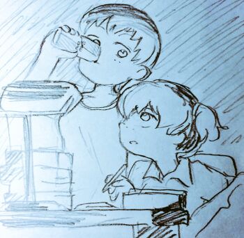 10s 2girls alisa_(girls_und_panzer) desk desk_lamp faustsketcher freckles girls_und_panzer graphite_(medium) indoors lamp monochrome multiple_girls naomi_(girls_und_panzer) red_bull short_hair short_twintails simple_background traditional_media twintails