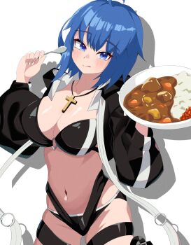1girl ahoge bikini black_bikini black_jacket blue_eyes blue_hair breasts c.i.e.l_(fate) mysterious_executor_c.i.e.l_(fate) ciel_(tsukihime) cleavage cropped_jacket cross cross_necklace curry curry_rice fate/grand_order fate_(series) food highres jacket jewelry large_breasts long_sleeves looking_at_viewer navel necklace plate puti_tomato19 rice short_hair solo spoon swimsuit thighs