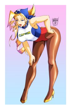 1990s_(style) 1girl :d bandana blonde_hair blue_bandana blue_eyes breasts capcom commentary danmakuman earrings english_commentary full_body gradient_background hand_on_own_hip hand_on_own_knee highres jewelry justice_gakuen large_breasts leaning_forward leotard logo long_hair looking_at_viewer open_mouth race_queen retro_artstyle shiny_skin signature smile solo thick_thighs thighs tiffany_lords