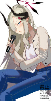 1girl alternate_costume blue_archive breasts casual commentary_request crop_top demon_horns denim eyes_visible_through_hair grey_hair hair_over_one_eye halo highres holding holding_microphone horns invisible_chair jacket jeans large_breasts looking_at_viewer makoto_(blue_archive) microphone music navel pants ponytail quatraise simple_background singing sitting solo twitter_username white_background white_jacket