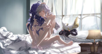 2girls absurdres blush bronya_rand chinese_commentary closed_mouth commentary_request completely_nude curtains full_body grey_hair hand_on_another&#039;s_shoulder hands_on_another&#039;s_back highres holding_own_arm honkai:_star_rail honkai_(series) indoors lamp leg_lock long_hair multiple_girls nude numby_(honkai:_star_rail) on_bed one_eye_closed purple_hair seele_(honkai:_star_rail) sitting tribadism trotter_(honkai:_star_rail) window yuri zhong_er_bing