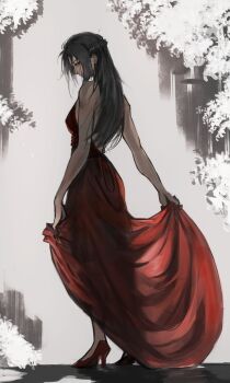 1girl absurdres beastmaster_(shadow_slave) black_hair breasts clothes_lift commentary double-parted_bangs dress dress_lift english_commentary from_behind full_body high_heels highres logicsterrr long_hair looking_at_breasts looking_at_viewer looking_back messy_hair outstretched_arms red_dress shadow_slave solo