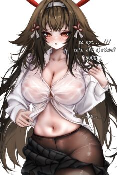 Rule 34 | 1girl, animal ears, black pantyhose, blush, breasts, brown hair, cleavage, clothes pull, commentary, english text, fox ears, fox girl, hair intakes, hairband, highres, large breasts, long hair, meowmaffura, midriff, navel, pantyhose, red eyes, see-through clothes, see-through shirt, shirt, simple background, skirt, skirt pull, solo, sweat, twitter strip game, very long hair, wet, wet clothes, wet shirt, white background, white hairband, white shirt, ye shunguang, zenless zone zero