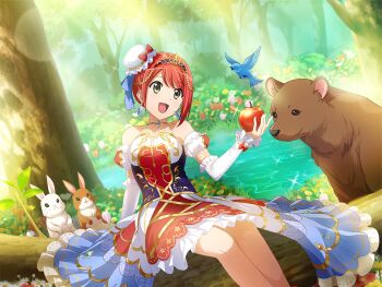 1girl apple bear bird brown_eyes bun_cover cosplay detached_sleeves dress earrings food fruit game_cg holding holding_food holding_fruit jewelry kano_misora log looking_at_viewer official_art open_mouth puffy_detached_sleeves puffy_sleeves rabbit red_dress red_hair river shoujo_kageki_revue_starlight shoujo_kageki_revue_starlight_-re_live- sidelocks sitting snow_white_(fairy_tale) snow_white_(fairy_tale_character) snow_white_(fairy_tale_character)_(cosplay) solo tiara water white_sleeves