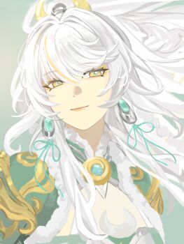 Rule 34 | 1girl, absurdres, breasts, bright pupils, chinese commentary, closed mouth, commentary request, crescent, earrings, genshin impact, high ponytail, highres, jewelry, long hair, looking at viewer, multicolored hair, ponytail, ribbon, smile, solo, upper body, white hair, white pupils, ye hara, yellow eyes, zibai (genshin impact)