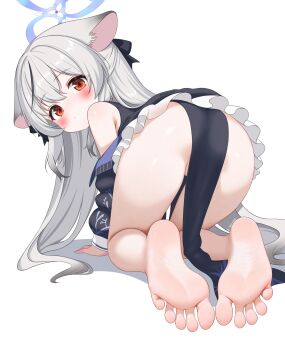 1girl all_fours animal_ear_fluff animal_ears ass barefoot black_dress black_hair blue_archive blue_halo blush brown_eyes closed_mouth commentary_request dress feet foot_focus grey_hair gugu0v0 hair_between_eyes halo highres kokona_(blue_archive) loli long_hair looking_at_viewer looking_back multicolored_hair no_panties pelvic_curtain shiny_skin simple_background sleeveless sleeveless_dress soles solo streaked_hair tiger_ears tiger_girl toes twitter_username very_long_hair white_background