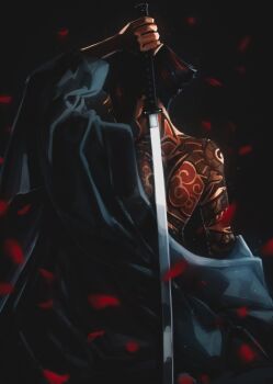 Rule 34 | 1girl, absurdres, back tattoo, black hair, blue kimono, closed mouth, commentary, cowboy shot, english commentary, facing away, from behind, highres, holding, holding behind back, holding sword, holding weapon, holding weapon behind back, japanese clothes, katana, kimono, kimono partially removed, multicolored hair, original, petals, red petals, red streaks, short hair, solo, streaked hair, sword, tattoo, titanartx, weapon