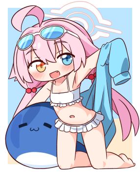 1girl :d ahoge barefoot bikini blue-tinted_eyewear blue_archive blue_background blue_eyes blue_jacket blush border collarbone commentary_request eyewear_on_head fang full_body hair_between_eyes hair_bobbles hair_ornament halo hana_kazari heterochromia highres hoshino_(blue_archive) hoshino_(swimsuit)_(blue_archive) jacket long_hair looking_at_viewer low_twintails navel off_shoulder open_clothes open_jacket open_mouth outside_border pink_hair pink_halo sidelocks simple_background smile solo sunglasses swimsuit tinted_eyewear twintails white_bikini white_border yellow_eyes