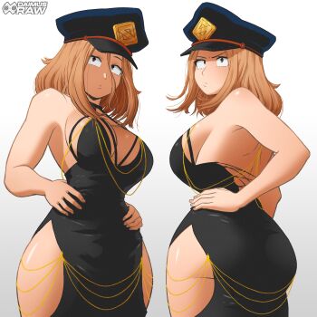 1girl :o absurdres adapted_costume ass backless_dress backless_outfit bare_shoulders black_dress blonde_hair boku_no_hero_academia breasts brown_eyes clothing_cutout daimus_raw dress frown hair_between_eyes halterneck hands_on_own_hips hat highres hip_vent large_breasts long_hair looking_at_viewer multiple_views nightgown no_bra peaked_cap plunging_neckline utsushimi_kemii
