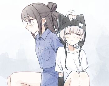2girls bang_dream! bang_dream!_it&#039;s_mygo!!!!! beanie black_hair black_hat blue_shirt blue_shorts blush closed_eyes closed_mouth commentary_request half_updo hat headpat kaname_raana long_hair mole mole_under_eye multiple_girls nekohige0123 purple_eyes raana_the_cat shiina_taki shirt short_hair shorts white_hair white_shirt