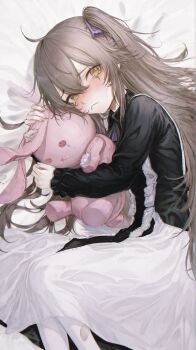 1girl absurdres ahoge alternate_costume bed_sheet black_dress blush brown_hair button_eyes buttons closed_mouth colored_skin dress feet_out_of_frame frown girls&#039;_frontline highres hugging_object long_hair long_sleeves looking_at_viewer lying multicolored_skin nose_blush on_bed on_side one_side_up pantyhose renoahh solo stuffed_animal stuffed_rabbit stuffed_toy stuffing teardrop tearing_up tears two-tone_skin ump45_(girls&#039;_frontline) very_long_hair white_dress white_pantyhose yellow_eyes