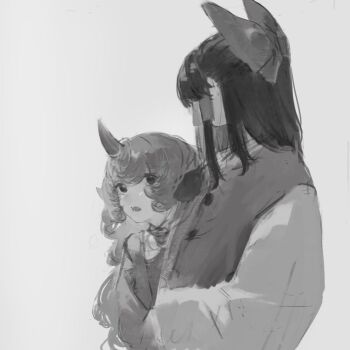 2girls alternate_costume ascot bow commentary_request curly_hair facing_to_the_side greyscale hair_bow hair_tubes hakurei_reimu half_updo horns komano_aunn long_hair looking_at_another monochrome multiple_girls open_mouth sawararado shirt side-by-side sidelocks sideways_glance single_horn touhou upper_body vest