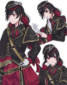 1girl absurdres adjusting_clothes adjusting_gloves black_capelet black_hair black_hat black_jacket black_skirt blunt_bangs braid capelet closed_mouth collared_shirt commentary_request cropped_torso glove_in_mouth glove_pull gloves haishin_shoujo_no_uraaka_meikyuu hand_on_own_cheek hand_on_own_face hand_on_own_hip hand_up hat hibiki4411 highres jacket long_hair long_sleeves looking_at_viewer mahou_shoujo_no_majo_saiban mouth_hold multiple_views nikaido_hiro peaked_cap putting_on_gloves red_eyes shirt simple_background skirt smile twin_braids white_background white_gloves