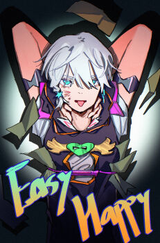 1boy aqua_eyes armband arms_behind_head arms_up black_armband black_overalls braid bruise commentary_request earrings english_text facepaint grey_hair grey_shirt hair_between_eyes hair_ornament heart_ornament highres hood hood_down hooded_overalls injury jewelry jodio_joestar jojo_no_kimyou_na_bouken long_bangs looking_at_viewer male_focus money overalls shirt short_hair short_sleeves side_braid single_braid solo star_(symbol) star_hair_ornament the_jojolands tongue tongue_out upper_body user_zene2457 wing_ornament