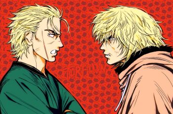 Rule 34 | 2boys, aged down, aged up, angry, coat, commentary, dual persona, english commentary, flrrrrr222222, looking at another, male focus, messy hair, multiple boys, scar, scar on face, spiked hair, thorfinn, vinland saga