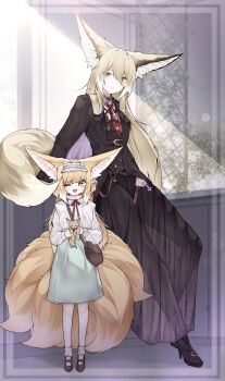 +_+ 2girls :d absurdres animal_ears arknights bag black_jacket black_skirt black_vest blonde_hair bobby_socks brown_bag brown_shoes closed_mouth collared_shirt commentary dated_commentary fox_ears fox_girl fox_tail frilled_hairband frills full_body green_eyes green_hairband green_skirt hairband highres holding holding_stuffed_toy jacket kitsune kyuubi long_hair long_sleeves mary_janes mother_and_daughter multiple_girls multiple_tails neck_ribbon necktie official_alternate_costume one_eye_closed open_mouth orange_eyes puffy_long_sleeves puffy_sleeves red_necktie red_ribbon ribbon samip shirt shoes shoulder_bag skirt smile socks stuffed_fox stuffed_toy suzuran_(arknights) suzuran_(spring_praise)_(arknights) tail teeth upper_teeth_only vest vulpisfoglia_(arknights) white_shirt