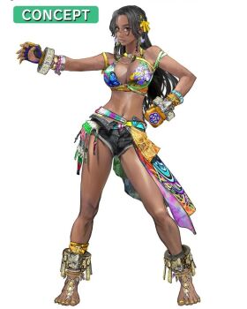 Rule 34 | 1girl, anklet, bare shoulders, barefoot, black hair, black shorts, breasts, cleavage, concept art, contrapposto, dark-skinned female, dark skin, female focus, fingerless gloves, full body, gloves, hair ribbon, jewelry, large breasts, long hair, looking at viewer, miary zo, mma gloves, namco, navel, official art, ribbon, sarong, shorts, solo, standing, tekken, tekken 8, third-party source, unzipped, white background, yellow nails, yellow ribbon