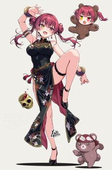 Rule 34 | 2girls, animal costume, bare shoulders, bear costume, black dress, breasts, china dress, chinese clothes, double bun, dress, full body, hair bun, highres, hololive, houshou kumarine, houshou marine, kubota masaki, large breasts, multiple girls, red eyes, red hair, see-through clothes, standing, standing on one leg, virtual youtuber, yellow eyes