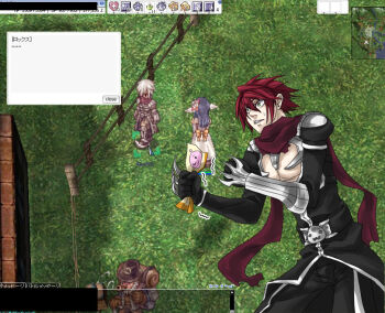 1boy armor assassin_cross_(ragnarok_online) black_cape black_gloves black_pants black_shirt cape clenched_hands commentary_request constricted_pupils cowboy_shot game_screenshot_background gloves green_eyes hair_between_eyes holding holding_paper male_focus pants paper pauldrons poring ragnarok_online red_hair red_scarf scarf screenshot_background shirt short_hair shoulder_armor solo toriria translation_request vambraces waist_cape