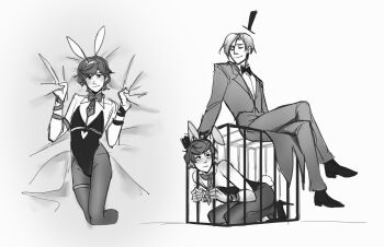 2boys aged_up bill_cipher black_leotard bow bowtie cage dipper_pines formal_clothes girly_boy gravity_falls hat highres in_cage leotard male_focus male_playboy_bunny multiple_boys pantyhose personification shirt short_hair sitting smile suikamelony suit top_hat yaoi