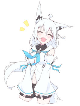 1girl :d ahoge animal_ear_fluff animal_ear_piercing animal_ears black_shorts blue_neckerchief braid closed_eyes commentary cropped_legs detached_sleeves double-parted_bangs eihire fang fox_ears fox_girl fox_tail front_slit hair_between_eyes highres hololive hood hooded_vest hoodie long_hair low_ponytail neckerchief open_mouth ponytail shirakami_fubuki shirakami_fubuki_(1st_costume) short_shorts shorts side_braid sidelocks simple_background skin_fang smile solo strapless symbol-only_commentary tail v_arms vest virtual_youtuber white_background white_hair white_sleeves white_vest wide_sleeves