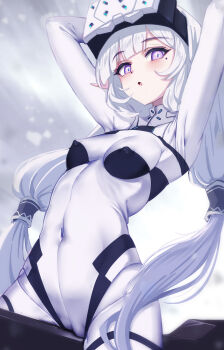 1girl :o absurdres ankomochi142 arms_up blue_archive blunt_bangs bodysuit breasts cameltoe commentary_request covered_erect_nipples covered_navel grey_hair hair_tubes head-mounted_display highres himari_(armed)_(blue_archive) himari_(blue_archive) long_hair looking_at_viewer mole mole_under_eye official_alternate_costume pointy_ears purple_eyes skin_tight small_breasts solo twintails very_long_hair white_bodysuit