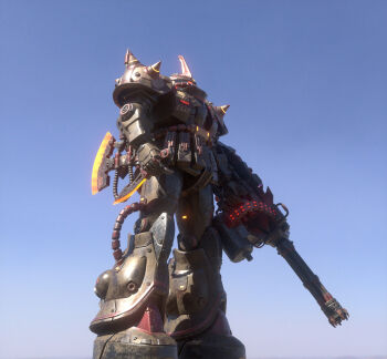 3d absurdres blender_(medium) blue_sky cable commentary concept_art damaged dirty english_commentary fusion gatling_gun gouf gouf_custom gun gundam heat_hawk highres hose knife machine_gun machinery mecha mecha_focus mobile_suit mobile_suit_gundam no_humans one-eyed original prototype_design radio_antenna ray_tang realistic redesign robot roundel rust science_fiction shoulder_spikes sky spikes tube weapon zaku zeon