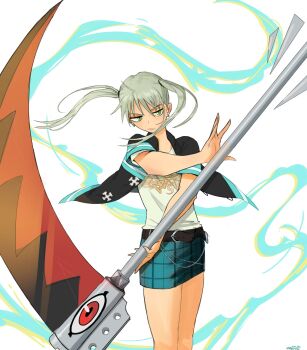 1girl belt blonde_hair closed_mouth commentary earrings floating_hair green_eyes hashtag-only_commentary highres holding holding_scythe jewelry looking_to_the_side maka_albarn oestart scythe short_sleeves skirt smoke soul_eater symbol-only_commentary twintails