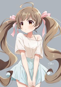 1girl ahoge angry artist_name blue_skirt blush breasts brown_eyes brown_hair closed_mouth clothes_writing collarbone cowboy_shot dot_nose goma_konbu grey_background hair_ribbon hakozaki_serika highres idolmaster idolmaster_million_live! long_hair looking_at_viewer ribbon shirt signature simple_background single_bare_shoulder skirt skirt_tug small_breasts solo standing suspender_skirt suspenders twintails v-shaped_eyebrows v_arms very_long_hair white_shirt