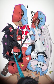 1boy 2girls bar_censor black_hair blue_eyes blue_necktie breasts censored club club_(weapon) colored_skin commentary earrings english_commentary grey_hair high_ponytail highres holding holding_weapon horns jewelry large_breasts looking_back multiple_girls necktie nipple_stimulation one_eye_closed oni oni_girl original panties pointy_ears ponytail puk_(higanbana_doujin) red_eyes spiked_club underwear weapon