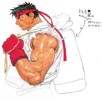 1boy backpack bag black_hair dougi fingerless_gloves forked_eyebrows from_below from_side game_cg gloves headband highres male_focus martial_arts_belt mma_gloves muscular muscular_male nishimura_kinu non-web_source official_art red_gloves red_headband ryu_(street_fighter) short_hair sleeveless solo street_fighter street_fighter_iii_(series) torn_clothes torn_sleeves