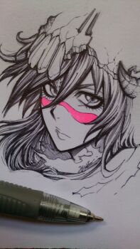 1girl absurdres art_tools_in_frame bleach close-up demon_horns eyelashes hair_between_eyes heryjnwh highres horns lineart long_hair looking_at_viewer monochrome nelliel_tu_odelschwanck pencil photoshop_(medium) simple_background skull solo tagme torn_clothes traditional_media white_background