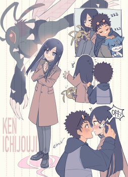 2boys back black_hair black_pants black_shoes black_sweater blue_skin blush brown_coat bug claws coat colored_skin compound_eyes digimon digimon_(creature) digimon_adventure_02 earpiece emr7 from_behind grabbing_another&#039;s_hair green_skin holding_another&#039;s_hair hood hoodie ichijouji_ken implied_yaoi insect_wings jacket long_coat long_hair male_focus motomiya_daisuke multiple_boys pants shoes shoulder_spikes sleeping speaker spiked_hair spikes stingmon sweater tinted_eyewear turtleneck turtleneck_sweater v-mon wings wormmon