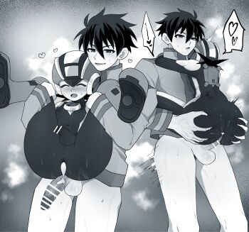2boys aged_up anus ass blush bodysuit cum cum_in_ass gloves grabbing_another&#039;s_ass groping helmet highres huge_ass incest kokemega lan_hikari_(mega_man) male_focus mega_man_(series) mega_man_battle_network megaman.exe multiple_boys penis_size_difference size_difference testicles thighs yaoi
