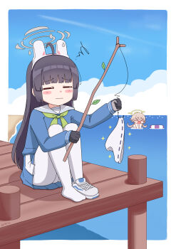 &gt;_&lt; 2girls =_= absurdres animal_ears ass bikini black_gloves black_hair blue_archive blue_sky blunt_bangs blush_stickers bottomless branch brown_hair chibi chibi_inset cloud cloudy_sky commentary disappointed dock embarrassed english_commentary fake_animal_ears fishing_rod frilled_bikini frills gloves hair_between_eyes hairband halo hifumi_(blue_archive) hifumi_(swimsuit)_(blue_archive) highres holding holding_branch holding_fishing_rod holding_string horizon in_water innertube knees_to_chest knees_up leaf leaf_on_head long_hair long_sleeves looking_away low_twintails miyu_(blue_archive) multiple_girls ocean official_alternate_costume panties panties_under_pantyhose pantyhose pleated_skirt school_uniform serafuku shoes sidelocks single_shoe skirt sky sleeveless sneakers sparkle string stryx swim_ring swimsuit twintails two-tone_gloves underwear unworn_bikini_bottom white_bikini white_pantyhose xo