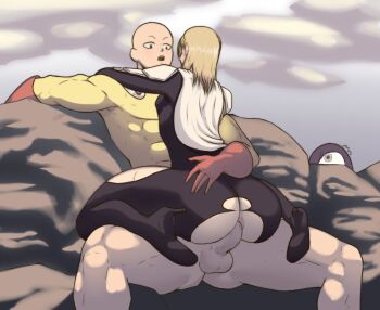 2boys androgynous anus artist_request ass black_bodysuit blush bodysuit cape cowgirl_position curvy english_text erection eye_contact from_below gloves high_heels highres hug huge_ass long_hair looking_at_another manako_(one-punch_man) multiple_boys one-punch_man outdoors penis saitama_(one-punch_man) senkou_no_flash sitting sitting_on_person skin_tight speech_bubble straddling superhero_costume sweat torn_bodysuit torn_clothes trap voyeurism wide_hips yaoi