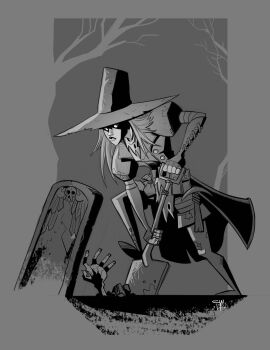 1girl absurdres boots coat cwalton73 darkest_dungeon gloves graverobber_(darkest_dungeon) greyscale hat highres holding holding_shovel long_hair monochrome overcoat pickaxe pouch shovel skull tombstone