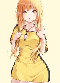 1girl :o absurdres blonde_hair breasts commentary_request cowboy_shot dress highres holding holding_own_hair jewelry long_hair looking_at_viewer mizunocarbona off_shoulder original pendant short_dress simple_background single_off_shoulder solo wide_hips yellow_background yellow_dress yellow_eyes yellow_theme