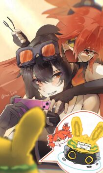 2girls absurdres ahoge animal_ears bare_shoulders bear_ears black_gloves black_hair breasts choker commentary crop_top english_commentary eyepatch fake_animal_ears fingerless_gloves gloves goggles goggles_on_head grace_howard hair_between_eyes hair_ornament highres holding kaki_ask koleda_belobog long_hair multiple_girls orange_eyes red_eyes red_hair smile sphere_hair_ornament sports_bra twintails zenless_zone_zero