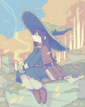 1girl absurdres artist_name autumn_leaves birch_tree black_hair blue_cloak blush book boots cloak closed_eyes fish food food-themed_hair_ornament food_on_head grass hair_behind_ear hair_ornament hat highres holding holding_jar jar kurohanenone leaf mushroom mushroom_hair_ornament mushroom_on_head object_on_head on_ground outdoors shimeji_simulation sitting steam tea tree tsukishima_shijima witch witch_hat