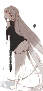 1girl absurdly_long_hair absurdres ahoge alternate_hair_length alternate_hairstyle ando_tazusa ass assault_lily bandaged_leg bandages bare_legs bare_shoulders barefoot black_dress black_ribbon blush braid broken broken_chain chain clothes_lift clothing_cutout clover_earrings cross-laced_clothes cross-laced_dress debris dress dress_lift earrings four-leaf_clover_earrings from_behind full_body grey_hair hair_between_eyes half_up_braid highres jewelry kuro_ula leaning_forward leg_ribbon long_hair looking_at_viewer looking_back no_panties parted_bangs red_eyes ribbon shade short_sleeves shoulder_cutout simple_background solo standing thigh_ribbon very_long_hair white_background