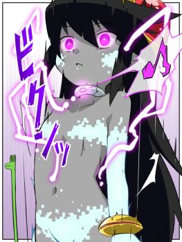 1girl arms_at_sides bare_shoulders black_hair bracelet collar colored_skin commentary_request efa-chan_(darekku) expressionless glowing glowing_eyes grey_skin hair_between_eyes hair_ornament highres hitsugi_mc jewelry loli long_hair metal_collar mind_control musical_note navel no_nipples nude original pink_eyes pointy_ears solo sound_effects standing stomach upper_body very_long_hair