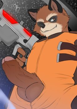 1boy animal_ears bodysuit brown_fur commentary douglasraccoon english_commentary erection furry furry_male grin guardians_of_the_galaxy gun highres holding holding_gun holding_weapon looking_to_the_side male_focus marvel marvel one_eye_closed orange_bodysuit penis raccoon_boy raccoon_ears rocket_raccoon signature smile superhero_costume testicles weapon