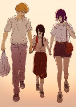 1boy 2girls absurdres backpack bag black_hair blonde_hair braid brown_pants brown_shorts chainsaw_man denji_(chainsaw_man) green_eyes highres holding holding_bag holding_hands kino_(kino_ask) long_hair multiple_girls nayuta_(chainsaw_man) open_mouth pants purple_hair purple_pants reze_(chainsaw_man) ringed_eyes shirt short_hair shorts shoulder_bag white_shirt yellow_eyes
