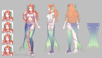 1girl anbe_yoshirou angry artist_name bead_bracelet beads blue_eyes blue_thighhighs bra bracelet breasts collarbone commentary_request copyright_notice curtained_hair expressionless fins flower flower_necklace full_body gradient_thighhighs green_thighhighs grey_background half-skirt head_fins high_heels highres jewelry large_breasts long_hair multiple_expressions navel necklace official_art orange_hair purple_nails red_flower revealing_clothes romancing_saga_2 saga shoes single_thighhigh standing stomach surprised thetis_(romancing_saga) thighhighs underwear wavy_hair white_bra white_shoes worried