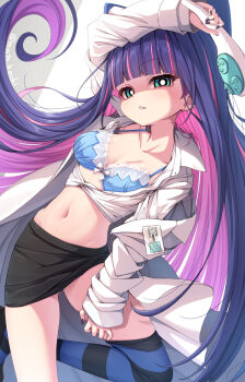 1girl black_nails black_skirt blue_bra blue_eyes bow bow_bra bra breasts collarbone collared_shirt commentary_request dress_shirt highres holding lab_coat long_hair long_sleeves looking_at_viewer lying matokechi medium_breasts multicolored_hair nail_polish navel on_back open_clothes open_shirt panty_&amp;_stocking_with_garterbelt parted_lips pink_hair purple_hair shirt single_thighhigh skirt sleeves_past_wrists solo stocking_(psg) streaked_hair striped_clothes striped_thighhighs thighhighs twitter_username two-tone_hair underwear very_long_hair white_shirt