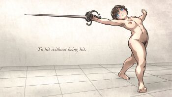 1girl armpit_hair armpits blue_eyes blush breasts brown_hair commentary completely_nude english_text female_pubic_hair full_body head_tilt highres holding holding_sword holding_weapon ironlily leaning_to_the_side looking_to_the_side medium_breasts nipples nude original outstretched_arms parted_lips pubic_hair rapier short_hair smile solo standing sweat sword toned toned_female weapon weapons_instructor_(ironlily) white_background