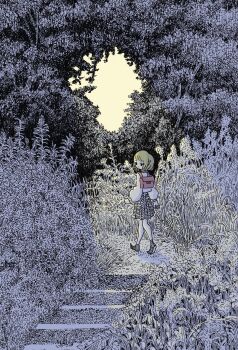 1girl backpack bag blonde_hair commentary_request forest grass greyscale hatching_(texture) highres linear_hatching long_sleeves monochrome nature nigirizusi1 original outdoors plant pleated_skirt pointy_ears scenery skirt solo standing traditional_media wide_shot