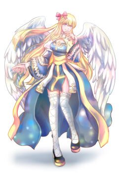 Rule 34 | 1girl, arch bishop (ragnarok online), black shoes, blonde hair, blue dress, bow, breasts, cleavage cutout, closed mouth, clothing cutout, commentary request, cross, dress, feathered wings, fishnet thighhighs, fishnets, full body, hair bow, juliet sleeves, long hair, long sleeves, looking at viewer, medium breasts, philippa, pink bow, pink eyes, puffy sleeves, ragnarok online, sash, shoes, simple background, smile, solo, standing, thighhighs, two-tone dress, white background, white dress, white thighhighs, white wings, wings, yellow sash